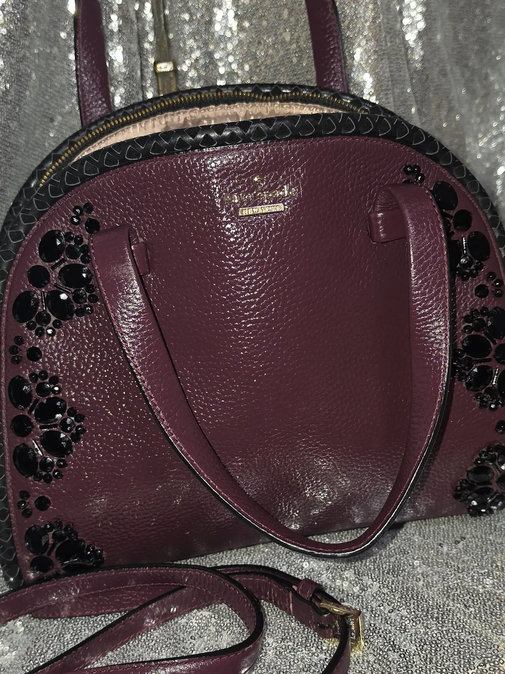 Kate Spade Plum Leather Dome Satchel with Beaded Accent